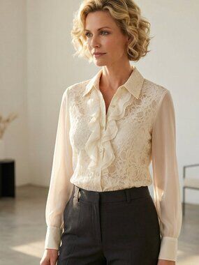 Coldwater Creek 1X Cream Lace Jabot Ruffle Top Romantic Poet Fairy Boho 90s Y2K